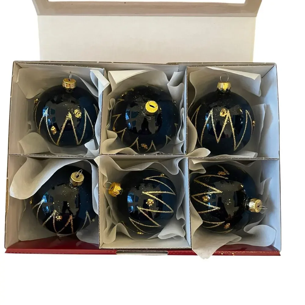 VITBIS Handcrafted Glass Ornaments Set of 6 Navy Blue & Gold Made in Poland NEW